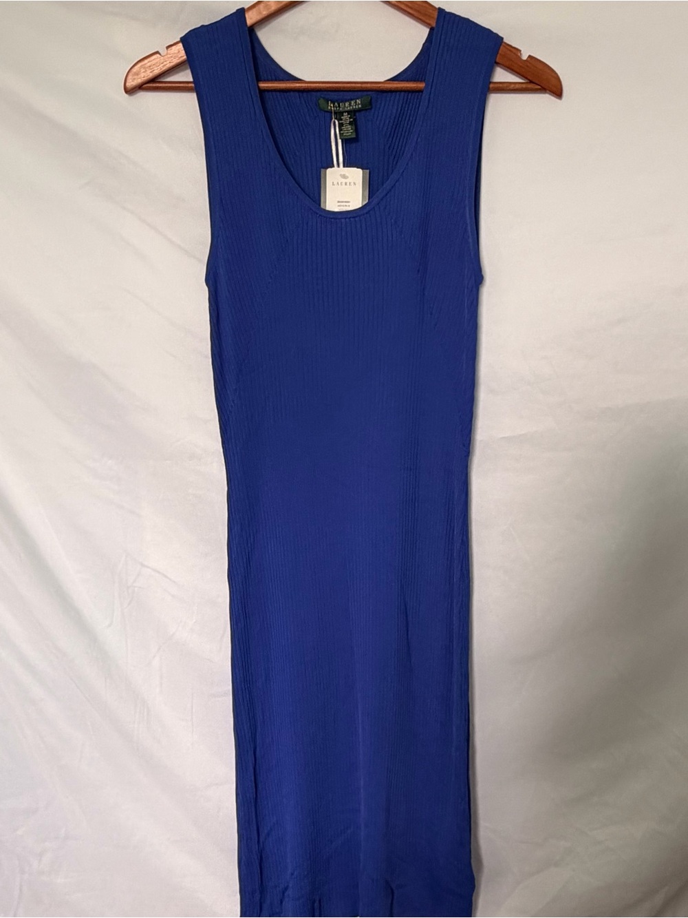 New With Tags Lauren Ralph Lauren Blue Maxi Ribbed Knit Sheath Size Medium Dress